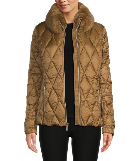 michael michael kors quilted down jacket with lining faux fur|Faux Fur Trim Quilted Ciré Jacket .